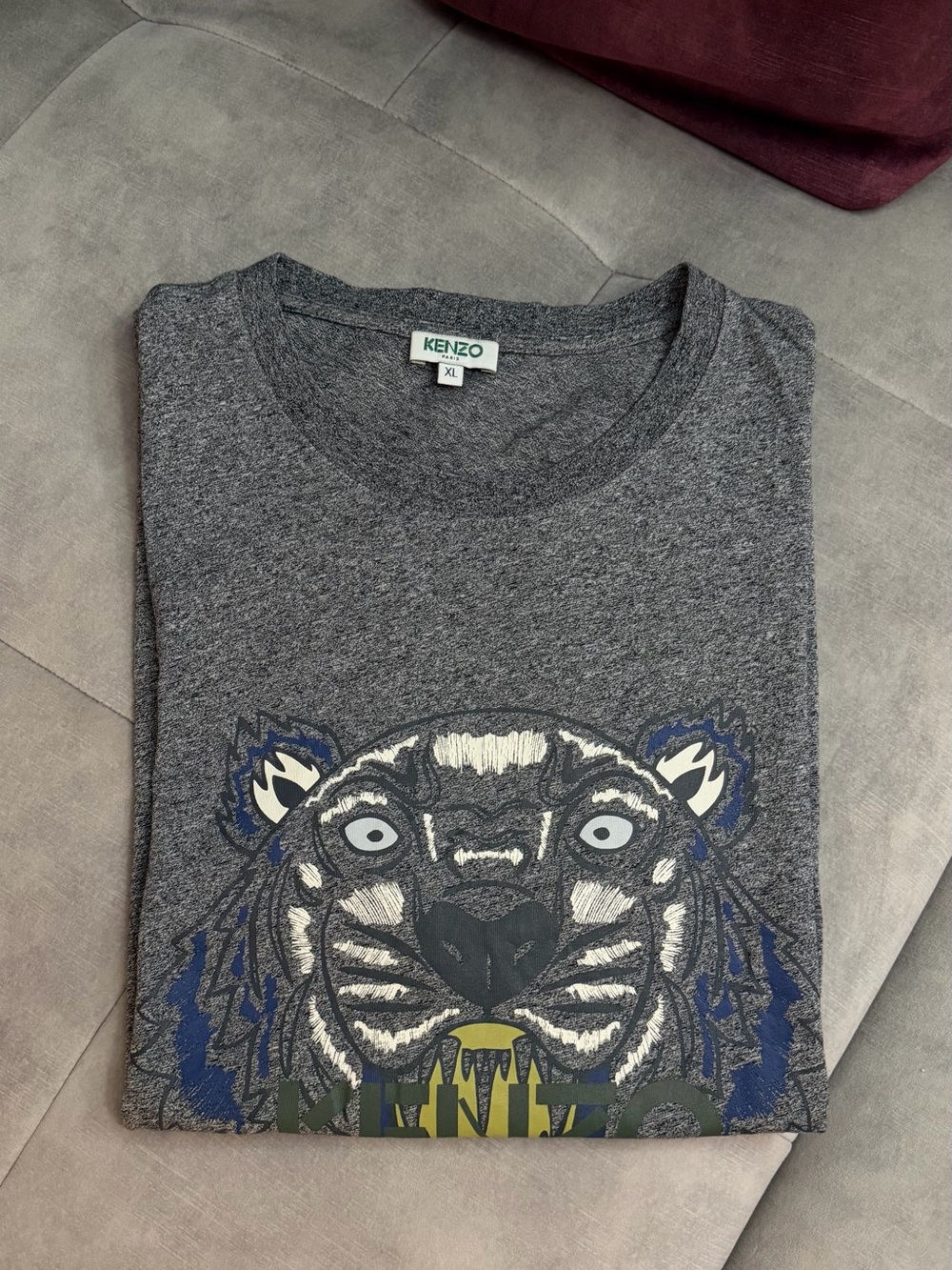 Kenzo Men’s Gray Tiger Graphic Tshirt with Blue and White Accents